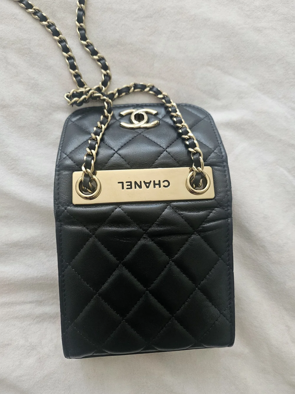 CHANEL Black Quilted Leather Mini Chain Wallet with Gold Hardware